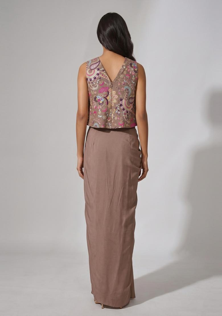 Taupe Brown Embroidered Crepe Fusion Set - Indya