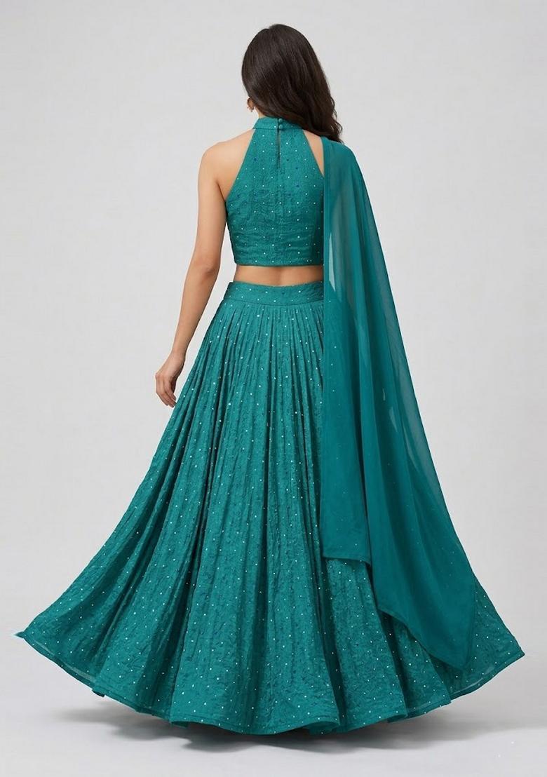 Teal Embroidered Crepe Lehenga Set - Indya