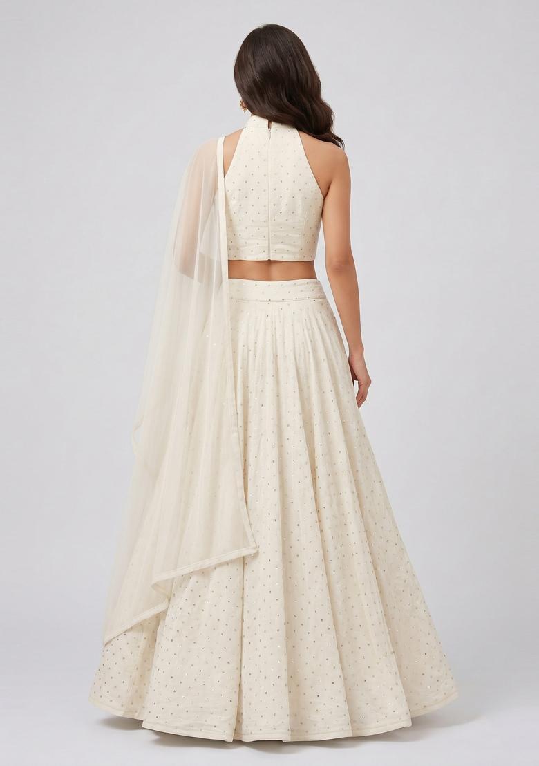 White Embroidered Crepe Lehenga Set - Indya