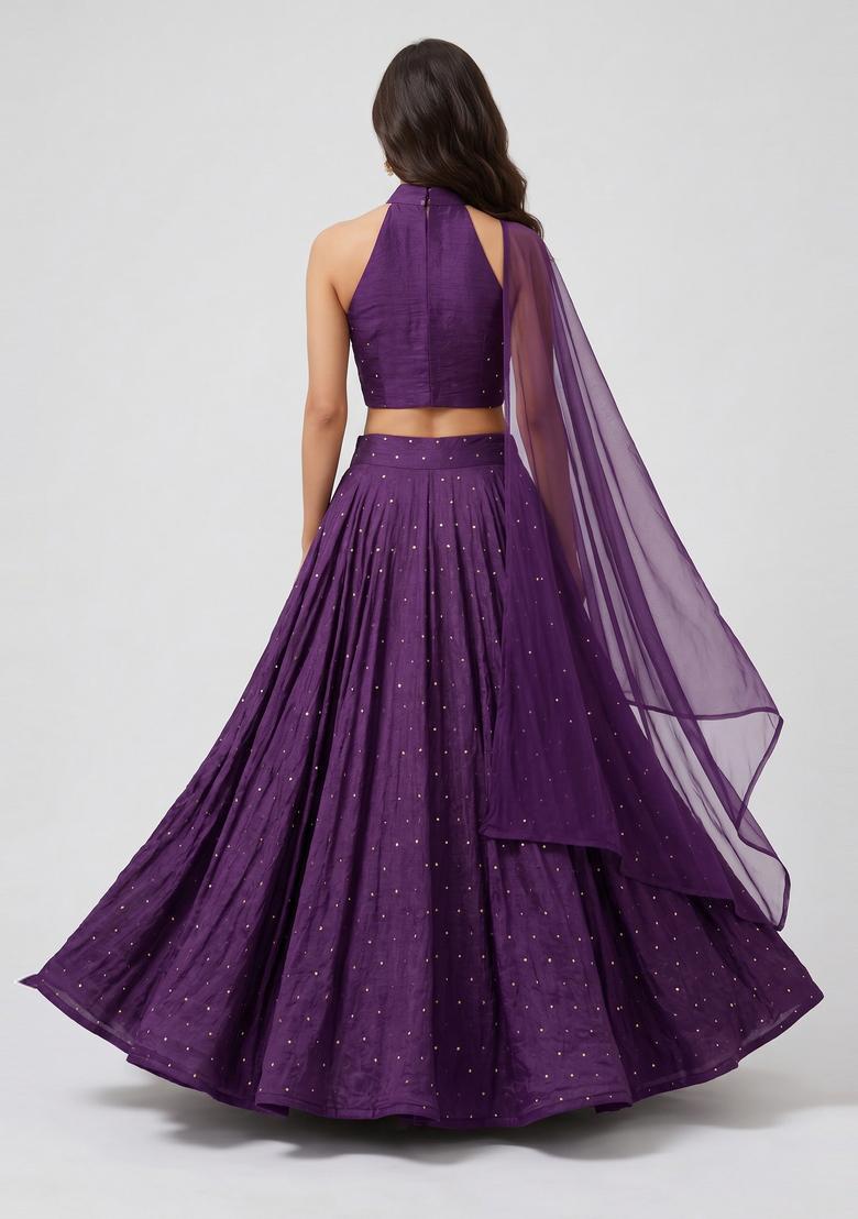 Deep Purple Embellished Crepe Lehenga Set - Indya