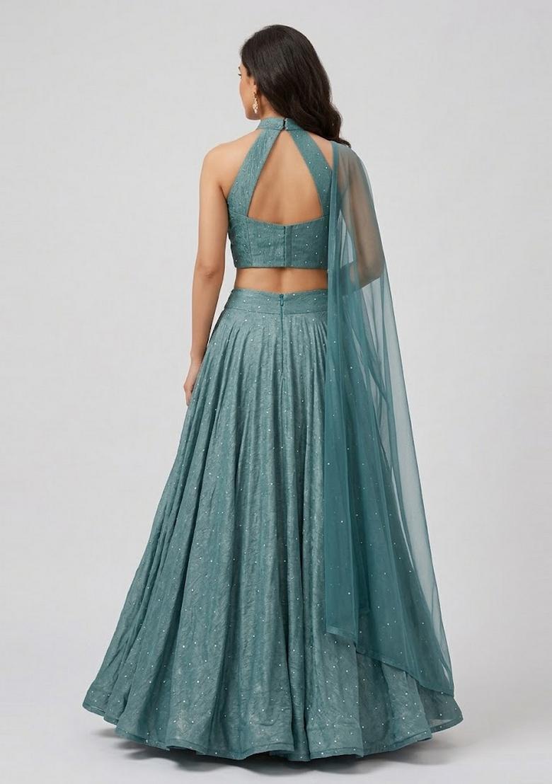 Pastel Blue Embellished Crepe Lehenga Set - Indya