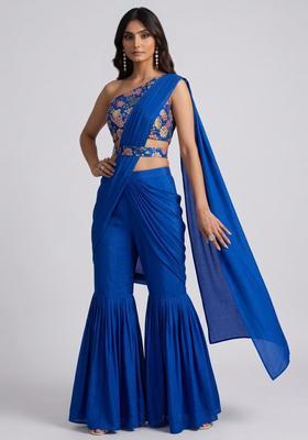Royal Blue Printed Crepe Fusion Set