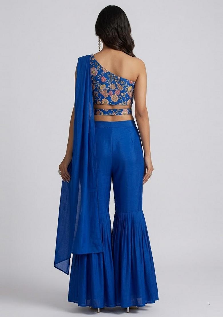 Royal Blue Printed Crepe Fusion Set - Indya