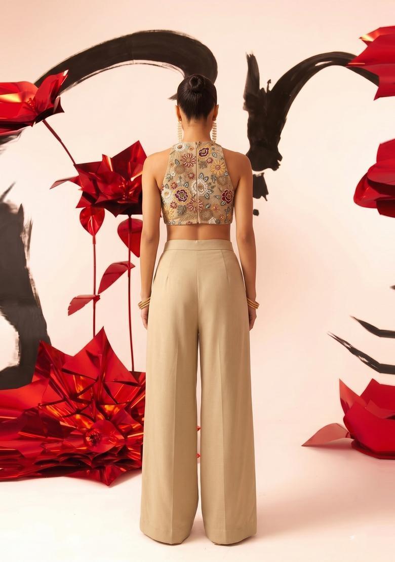 Beige Embroidered Tissue Fusion Set - Indya