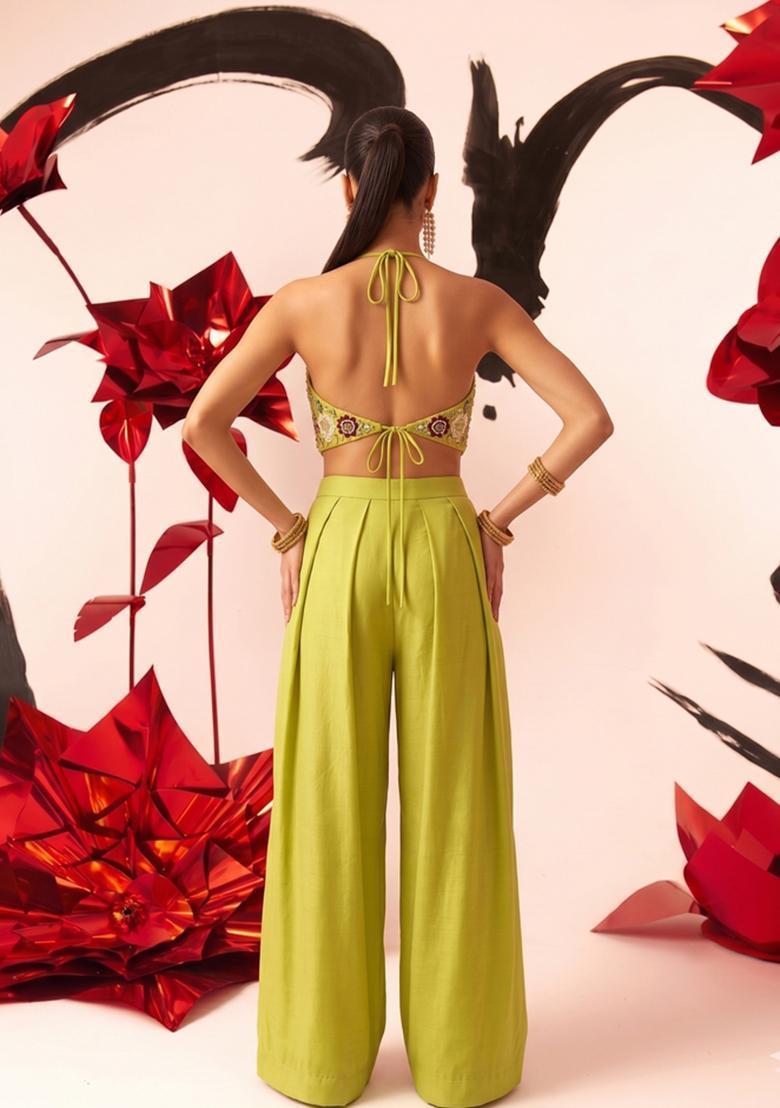 Lime Green Embroidered Fusion Set - Indya