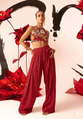 Red Embroidered Fusion Set