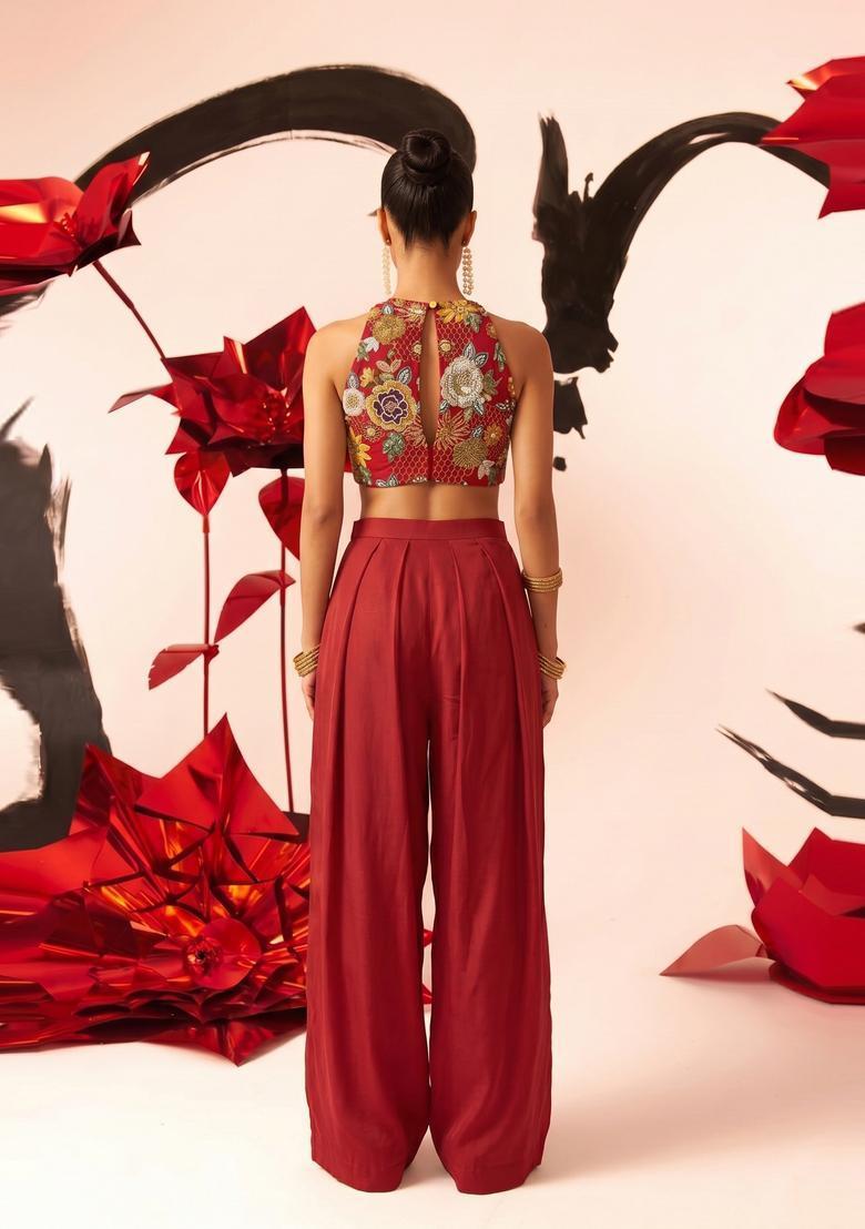 Red Embroidered Fusion Set - Indya