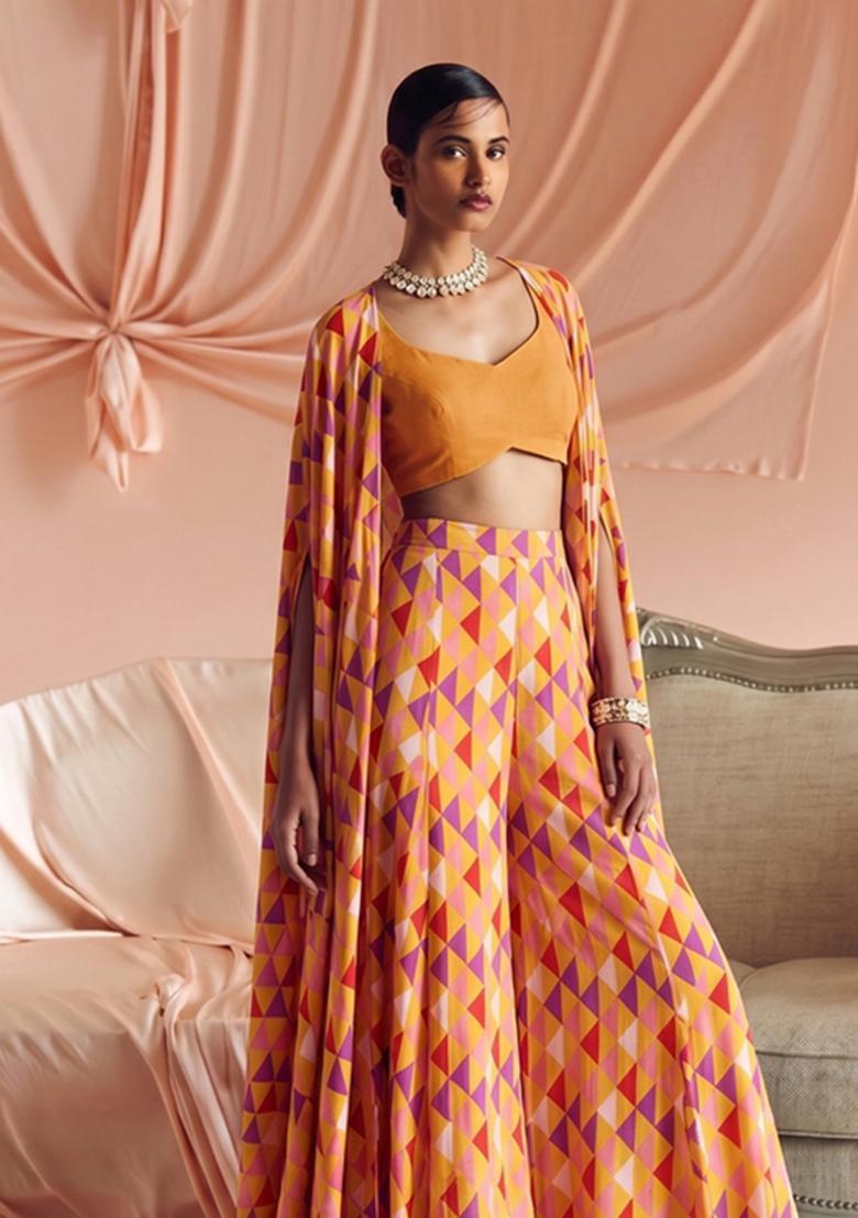 Peach Printed Georgette Fusion Set - Indya