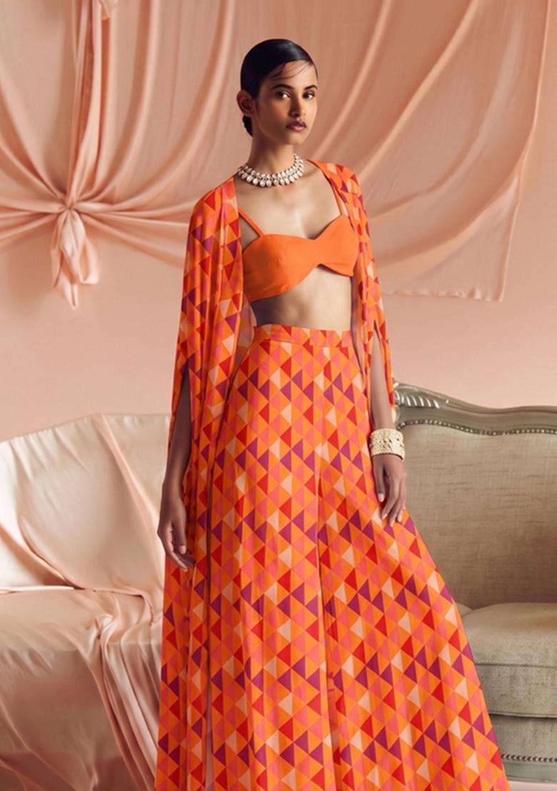 Orange Printed Georgette Fusion Set - Indya