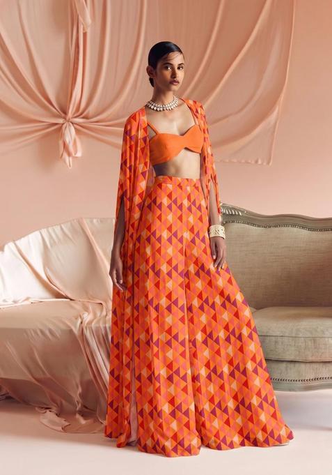Orange Printed Georgette Fusion Set