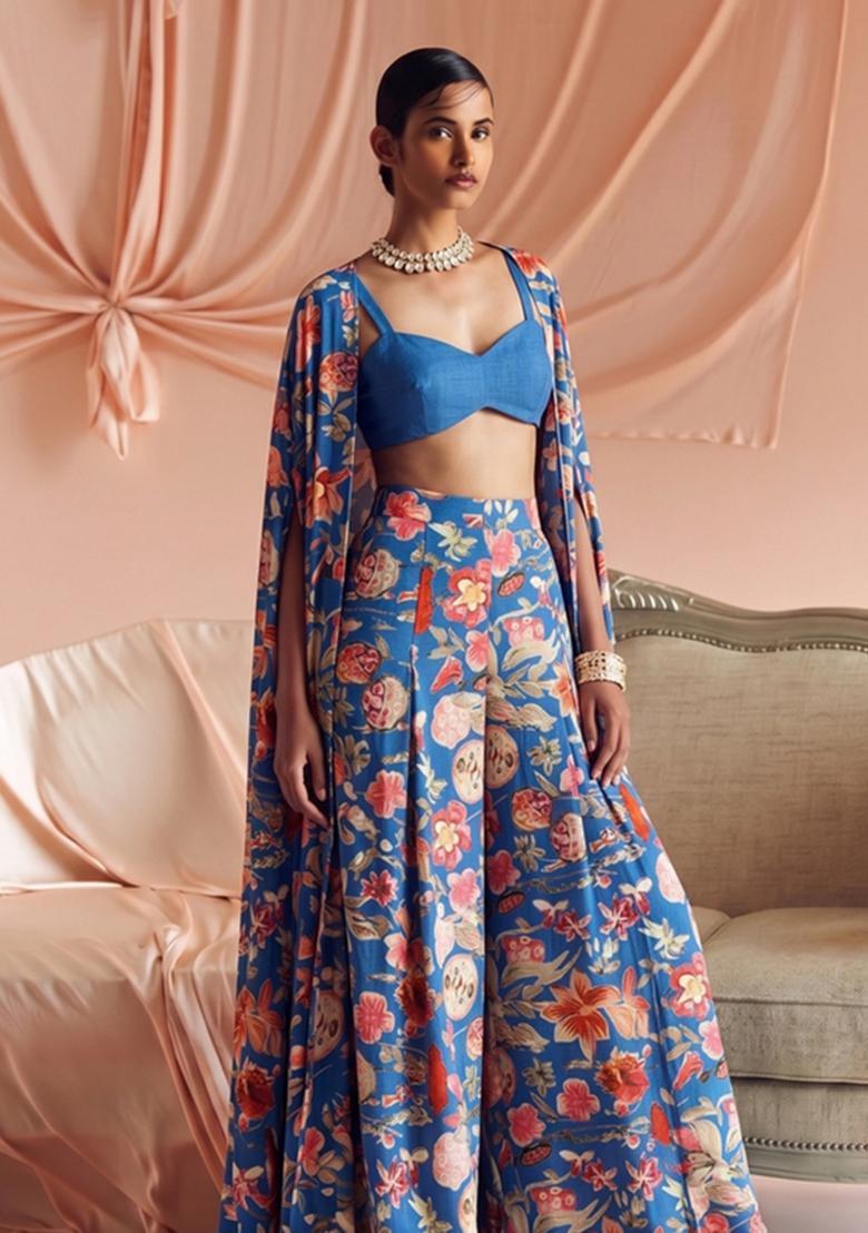 Pastel Blue Printed Georgette Fusion Set - Indya