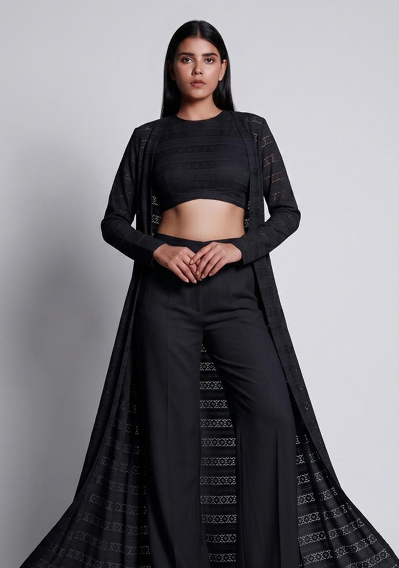 Black Embroidered Georgette Fusion Set - Indya