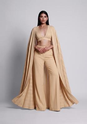 Beige Embroidered Georgette Fusion Set