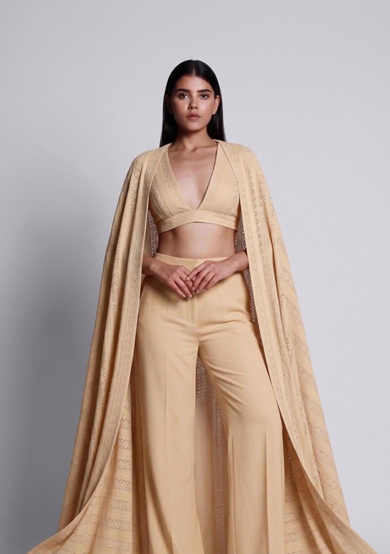 Beige Embroidered Georgette Fusion Set - Indya