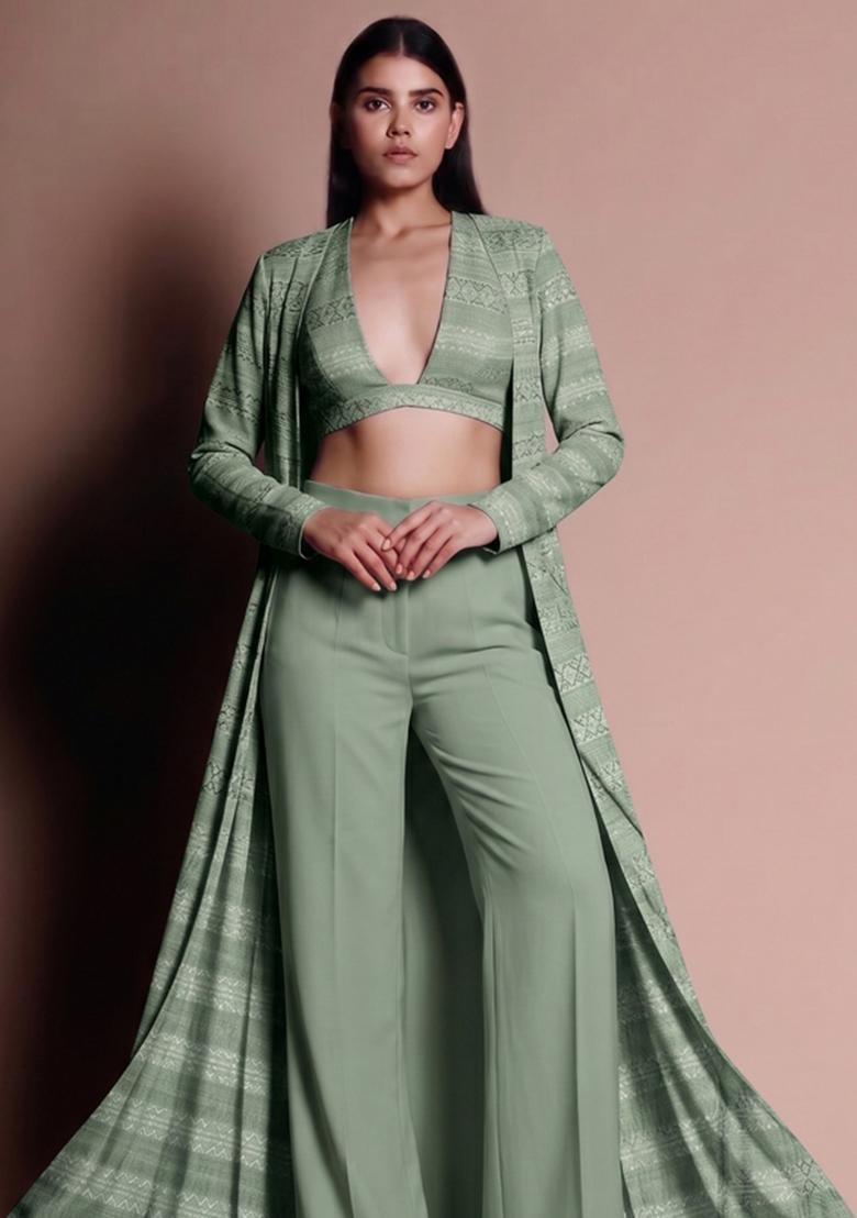 Pastel Green Embroidered Georgette Fusion Set - Indya