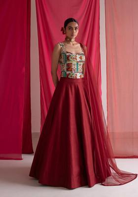 Maroon Printed Crepe Lehenga Set