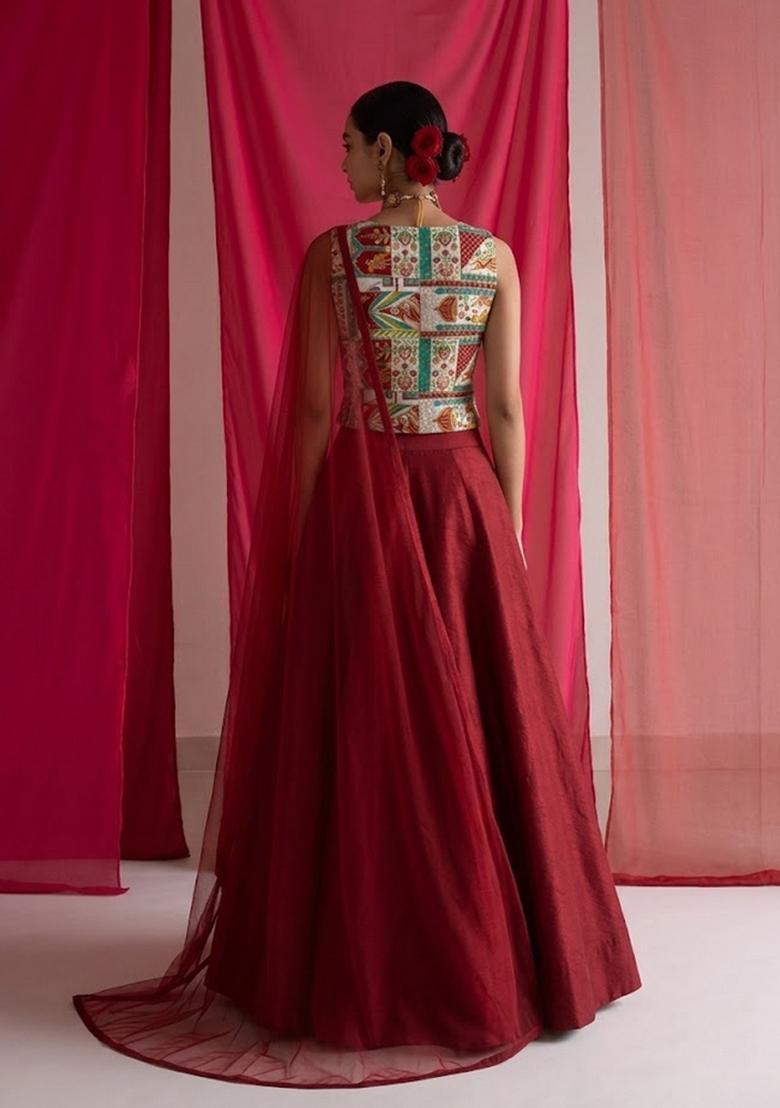 Maroon Printed Crepe Lehenga Set - Indya