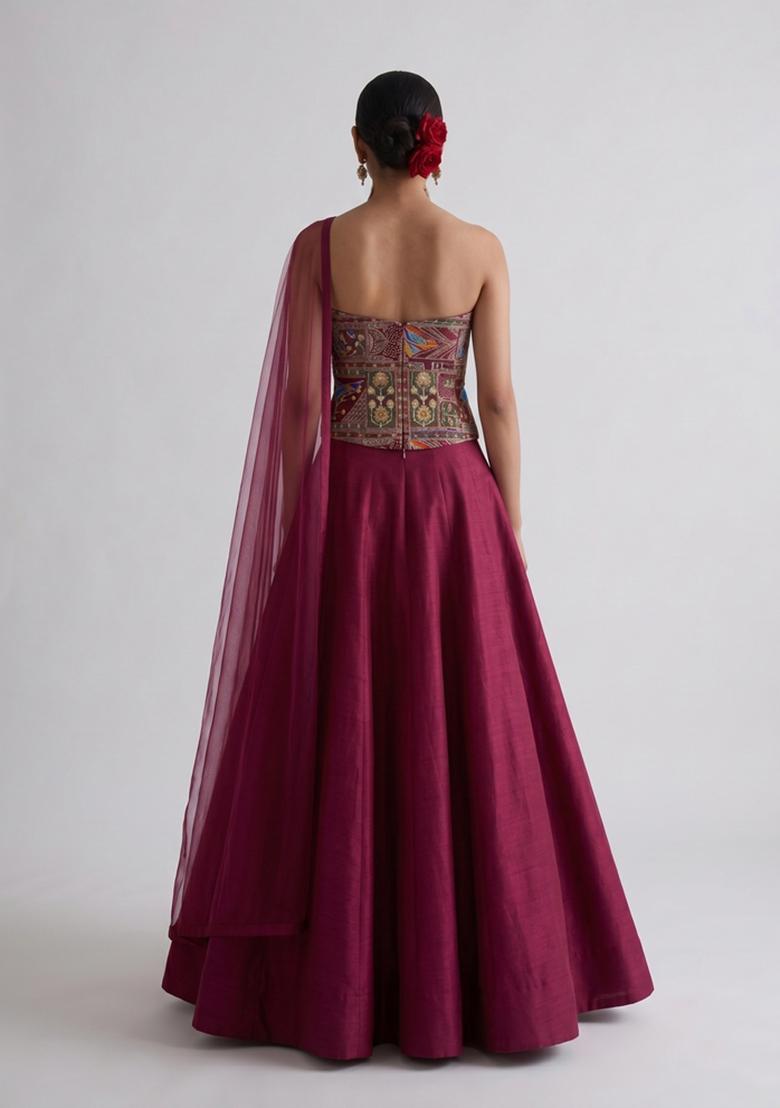 Rani Pink Printed Crepe Lehenga Set - Indya