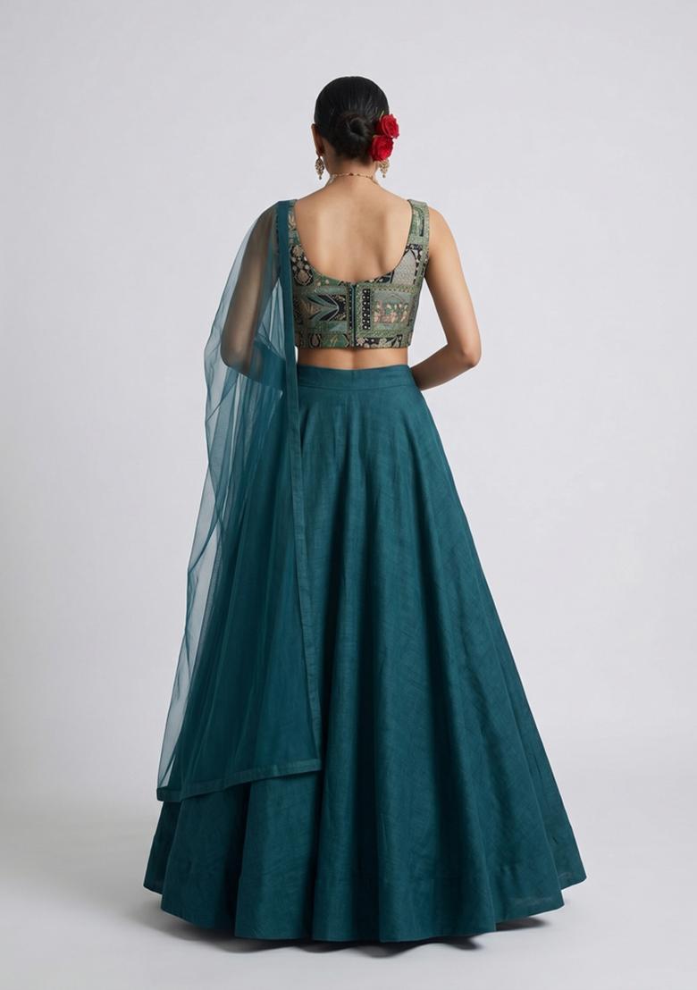 Teal Printed Crepe Lehenga Set - Indya