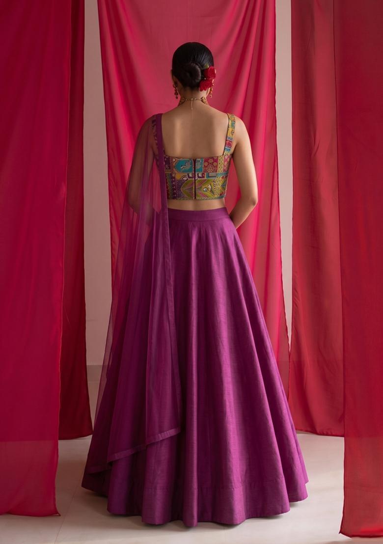 Magenta Printed Crepe Lehenga Set - Indya
