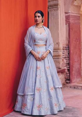Lilac Embroidered Chanderi Lehenga Set