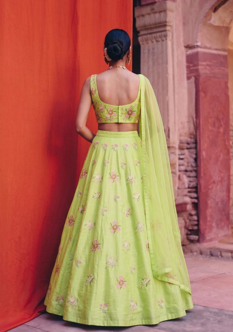 Lime Green Embroidered Chanderi Lehenga Set - Indya
