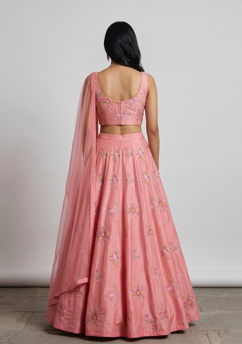 Pink Embroidered Chanderi Lehenga Set - Indya