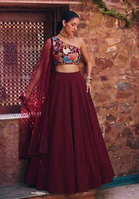 Maroon Printed Crepe Lehenga Set