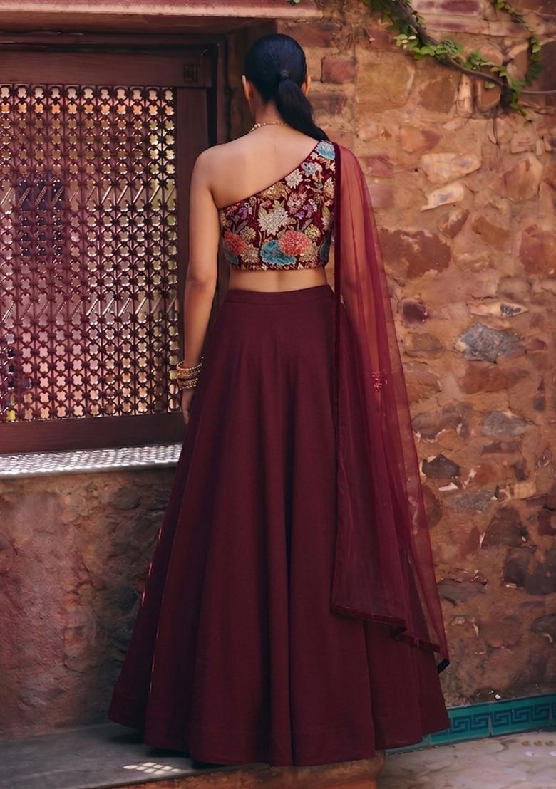 Maroon Printed Crepe Lehenga Set - Indya