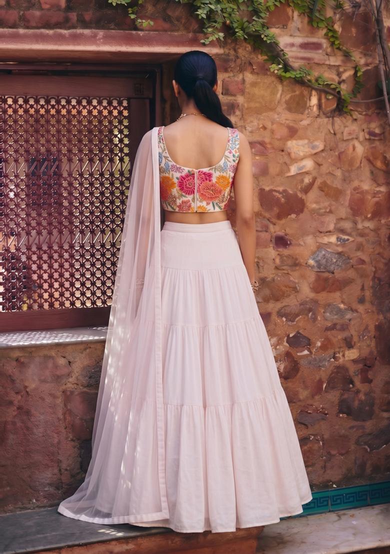 White Printed Crepe Lehenga Set - Indya