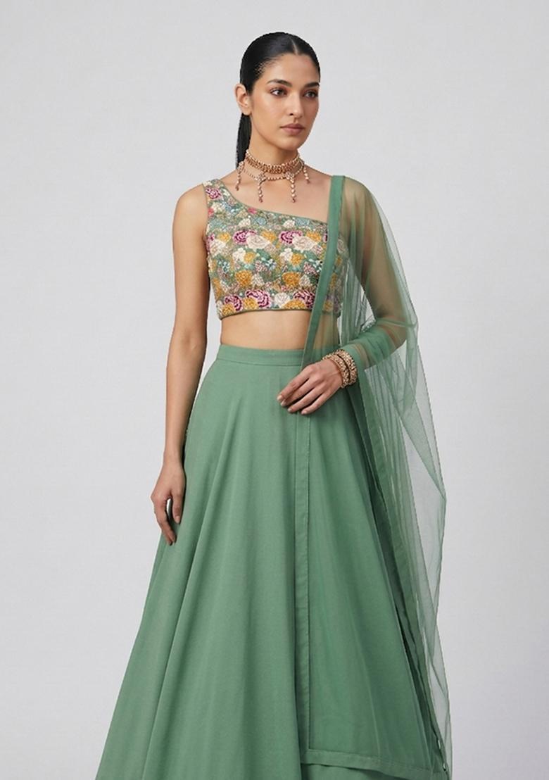 Sage Green Printed Crepe Lehenga Set - Indya