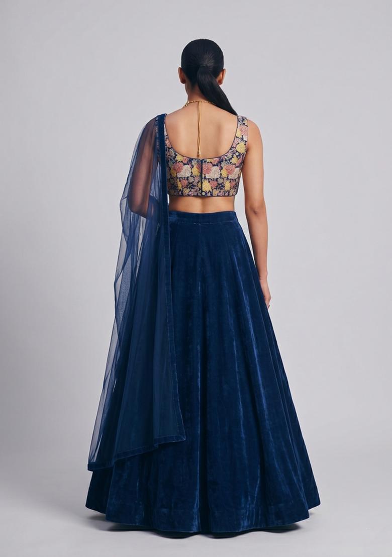 Navy Blue Printed Crepe Lehenga Set - Indya