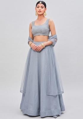 Steel Grey Sequin Silk Blend Lehenga Set