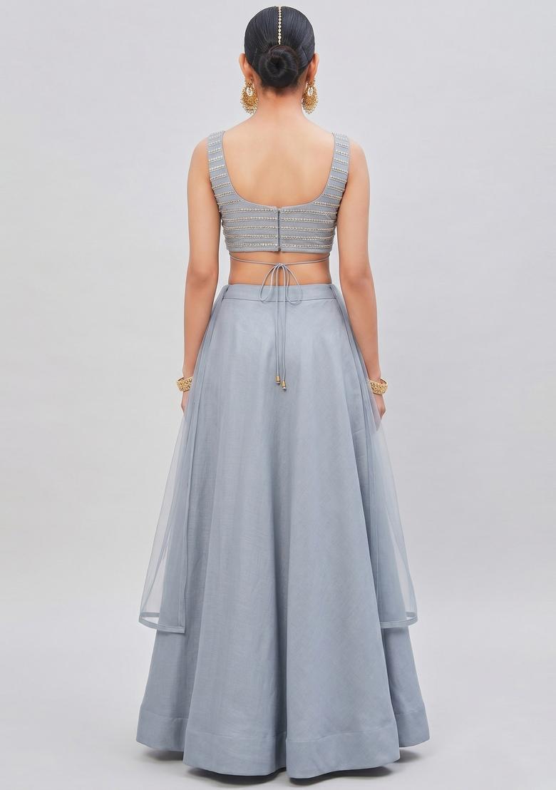 Steel Grey Sequin Silk Blend Lehenga Set - Indya