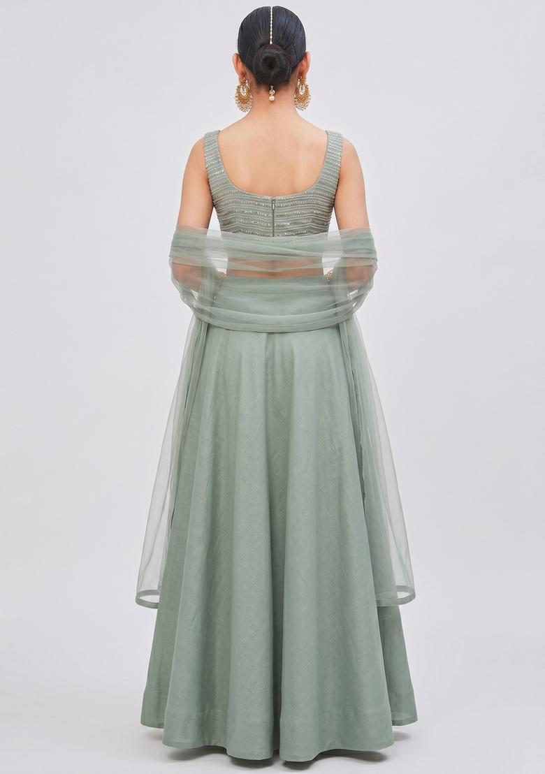 Sage Green Sequin Lehenga Set - Indya
