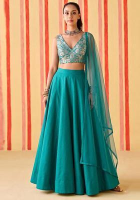 Teal Brocade Lehenga Set