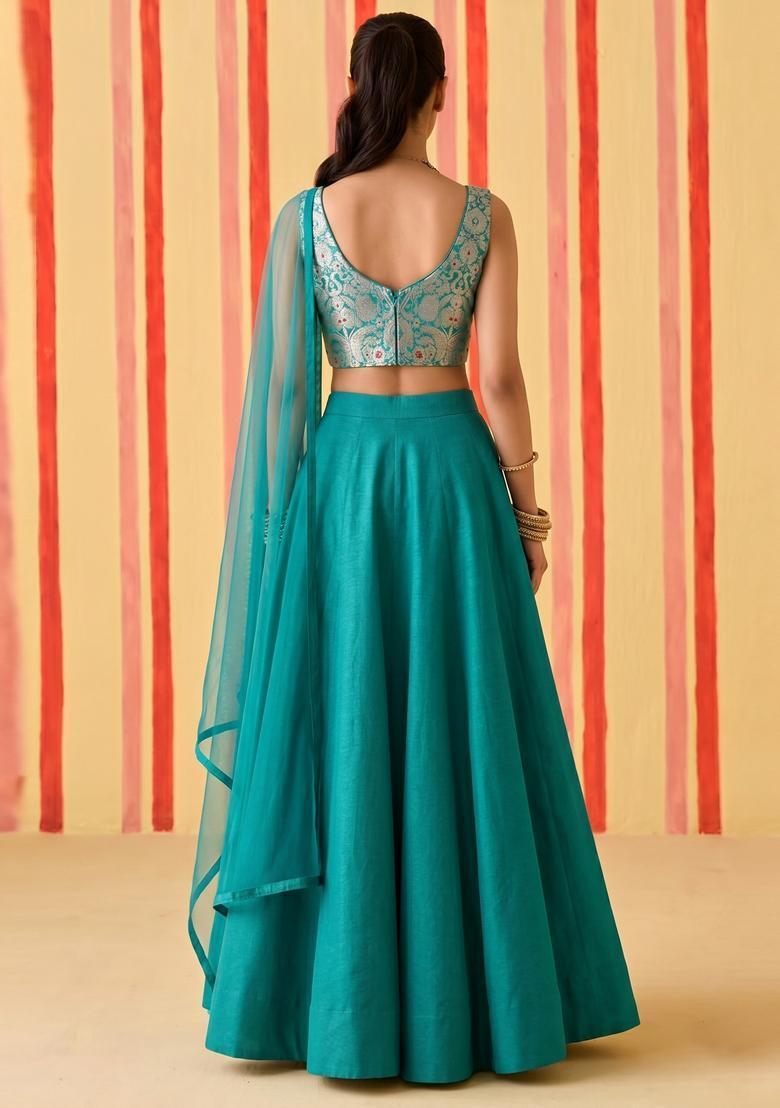 Teal Brocade Lehenga Set - Indya