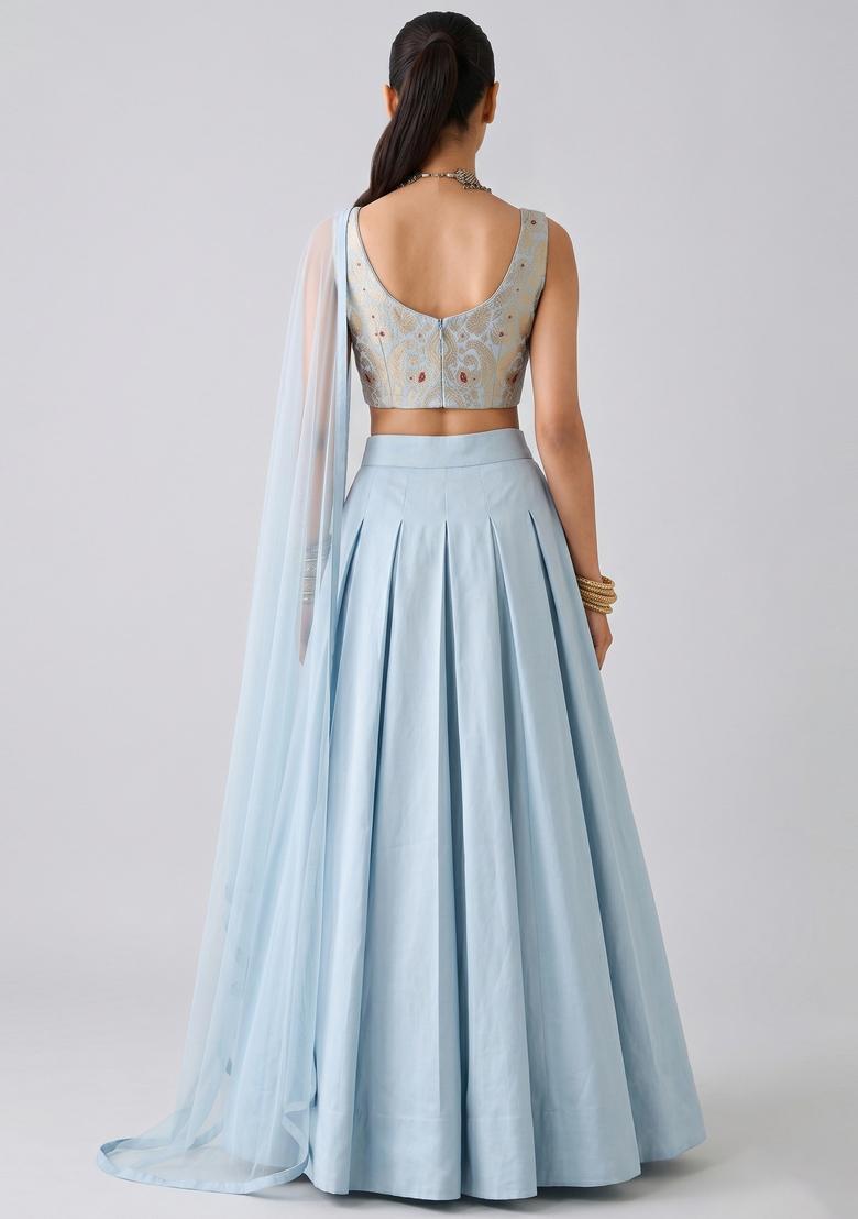Powder Blue Brocade Lehenga Set - Indya