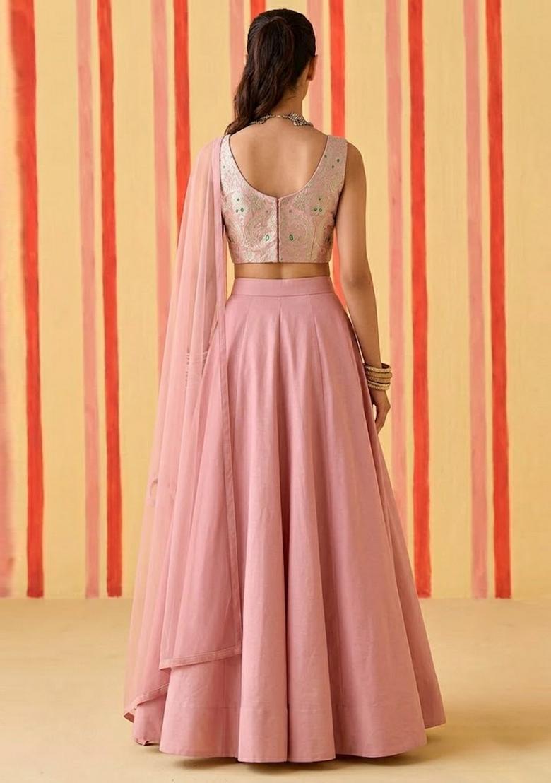 Blush Pink Brocade Lehenga Set - Indya