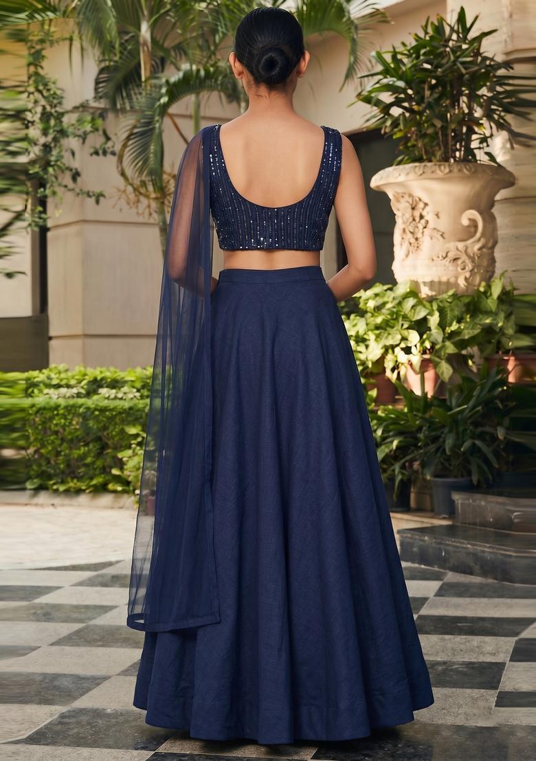 Navy Blue Embroidered Net Lehenga Set - Indya