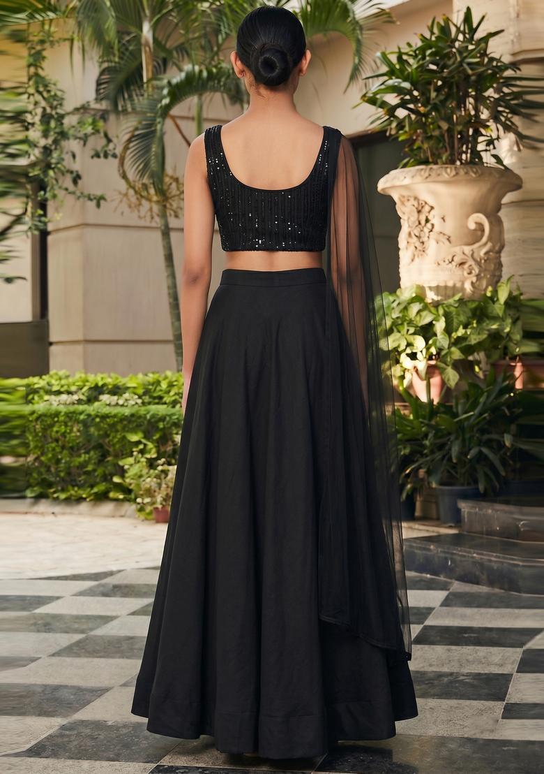 Black Embroidered Net Lehenga Set - Indya