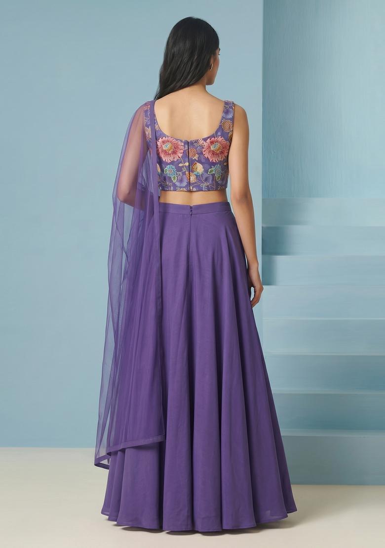 Purple Printed Organza Lehenga Set - Indya