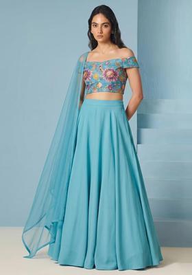 Turquoise Printed Organza Lehenga Set