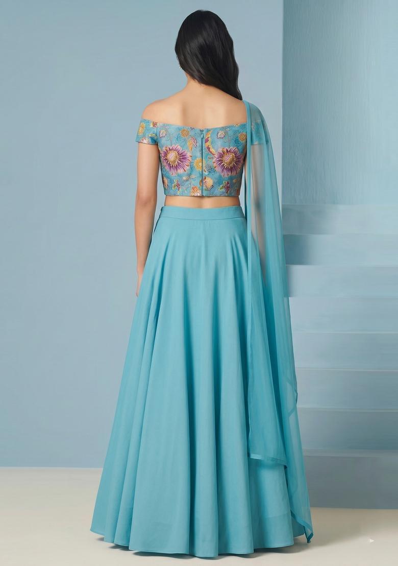 Turquoise Printed Organza Lehenga Set - Indya