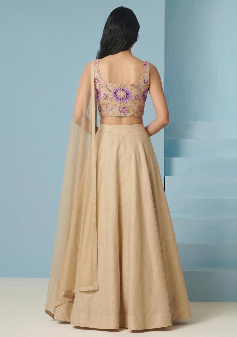 Beige Printed Organza Lehenga Set - Indya