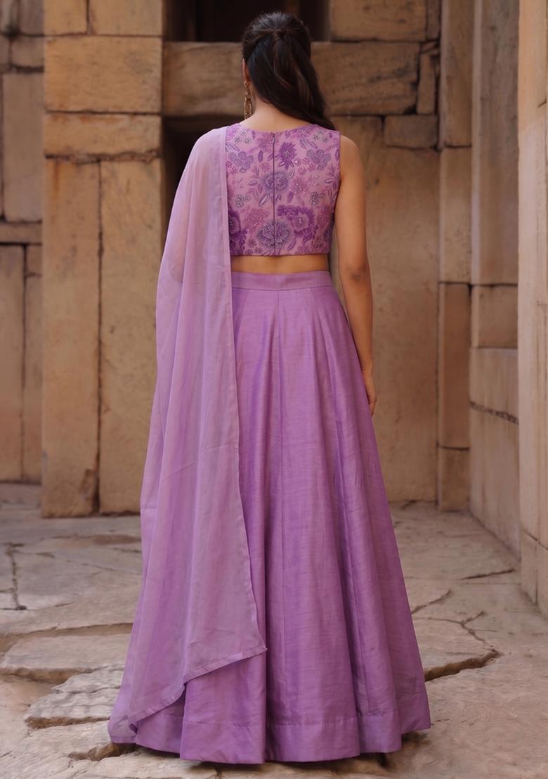 Lavender Printed Silk Blend Lehenga Set - Indya