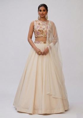 Off White Printed Silk Blend Lehenga Set