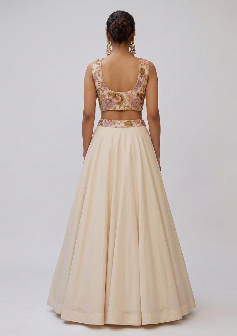 Off White Printed Silk Blend Lehenga Set - Indya
