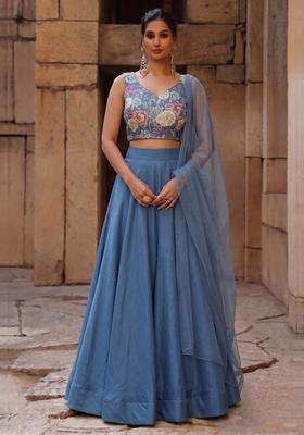Dusty Blue Printed Silk Blend Lehenga Set