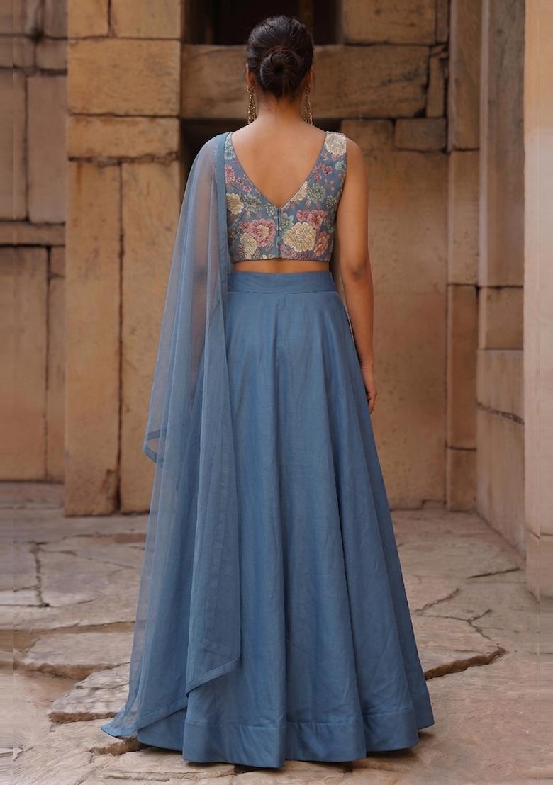 Dusty Blue Printed Silk Blend Lehenga Set - Indya